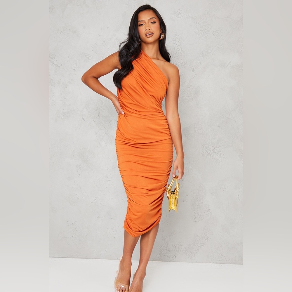 PrettyLittleThing Orange One-Shoulder Ruched Midi Dress